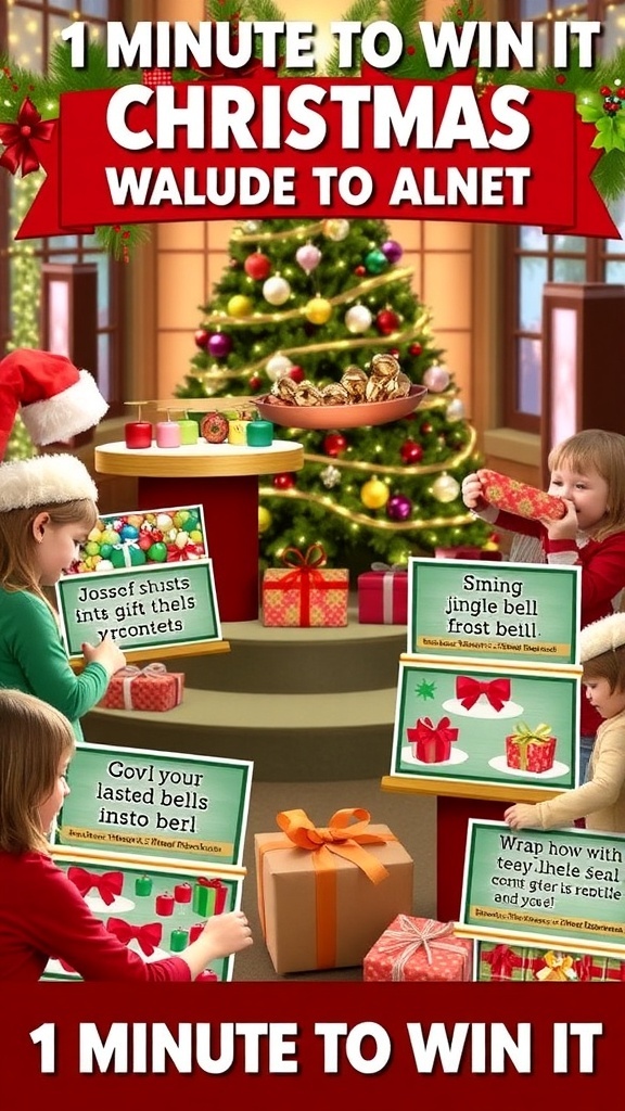 Participants enjoying Christmas-themed 1 Minute to Win It games with decorations and a Christmas tree.